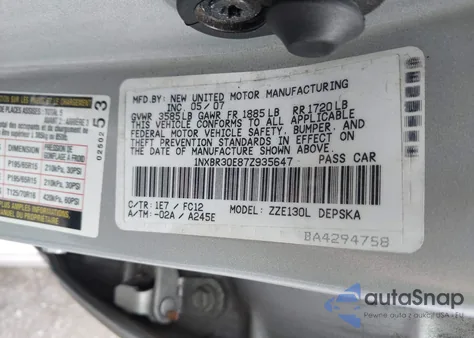 2007 Toyota Corolla S из США, поврежденный, VIN 1NXBR30E87Z935647